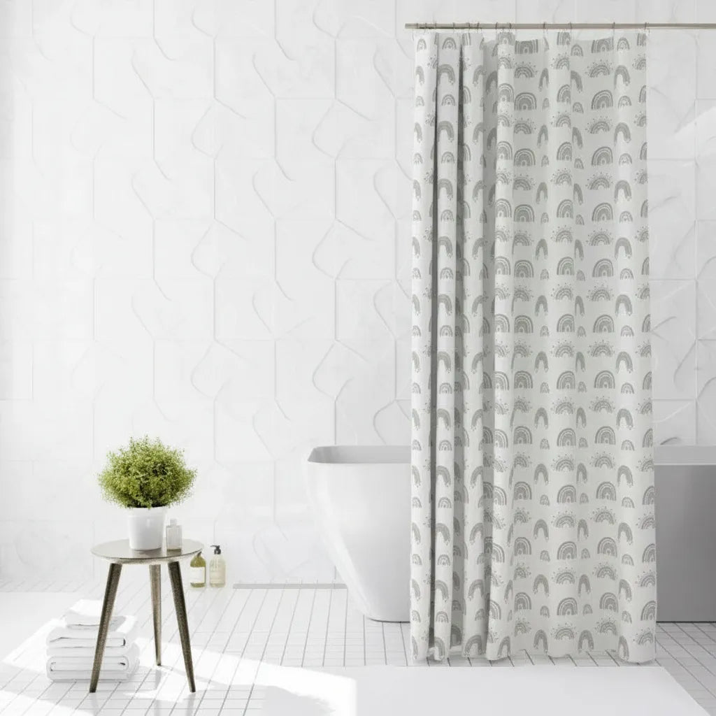 Combo Set Cortina Baño Estampada + Alfombra Shaggy + Ganchos