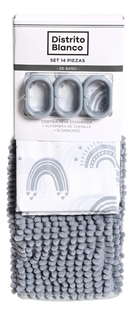 Combo Set Cortina Baño Estampada + Alfombra Shaggy + Ganchos