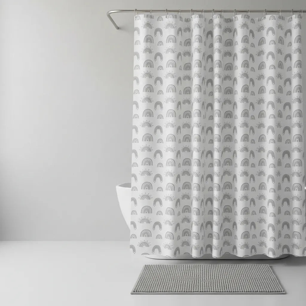 Combo Set Cortina Baño Estampada + Alfombra Shaggy + Ganchos